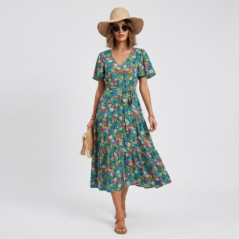 NOMU | Women's Floral Midi Dress – V Neck Short Sleeve Tie Waist Design