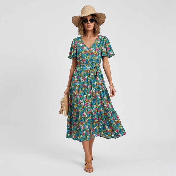NOMU | Women's Floral Midi Dress – V Neck Short Sleeve Tie Waist Design