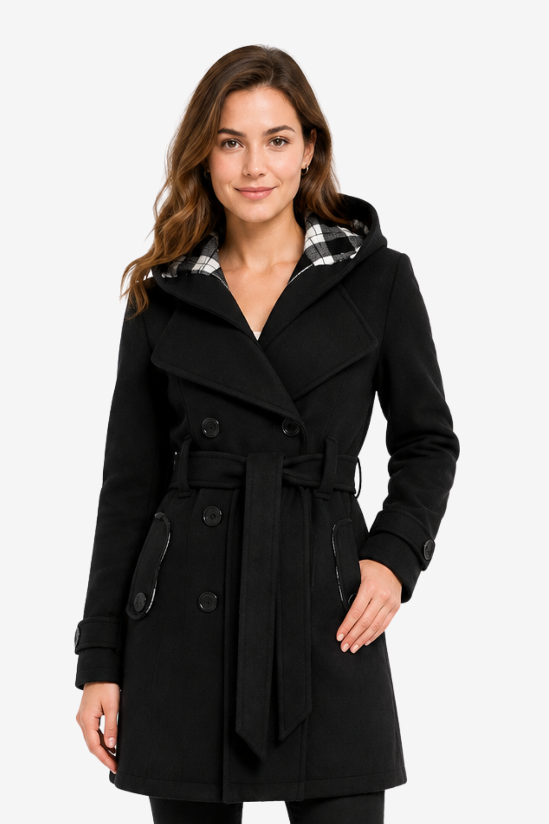 NOMU | Women's Hooded Trench Coat – Double Breasted Belted Design