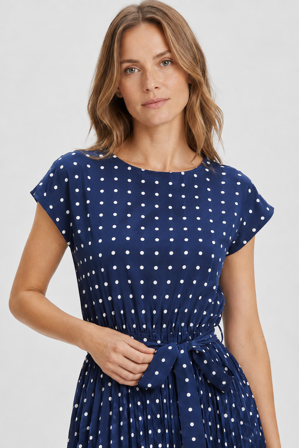 NOMU | Women's Polka Dot Midi Dress – Short Sleeve Tie Waist Pleated Design