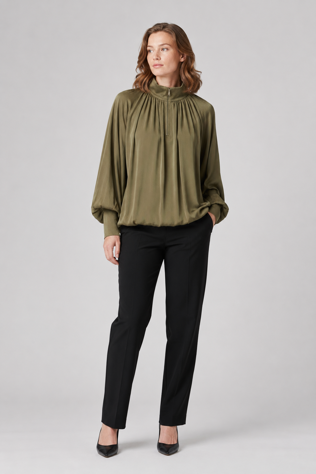 NOMU | Women's Gathered High Neck Blouse – Elegant Balloon Sleeve Top