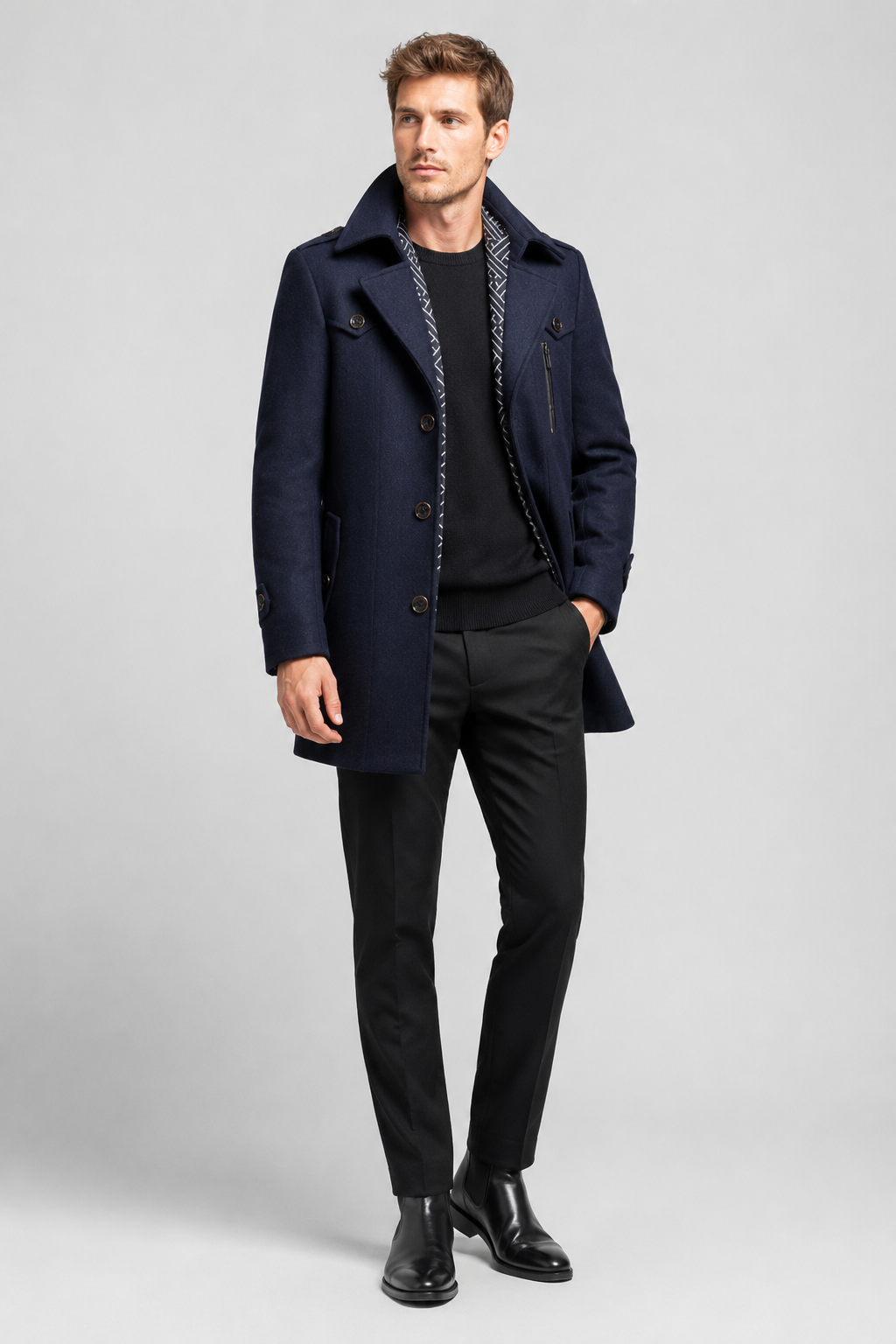 NOMU | Men's Wool Blend Military Overcoat – Tailored Button Front Coat