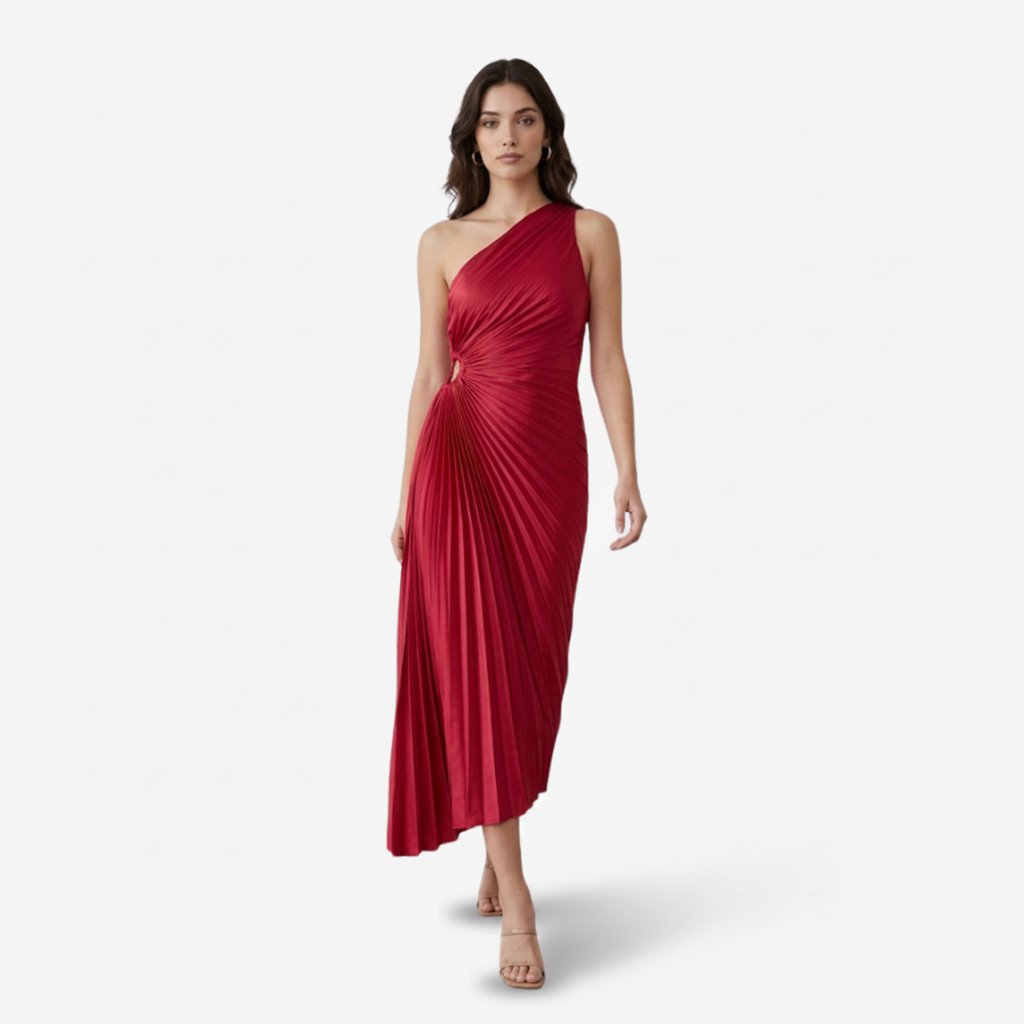NOMU | Women's One-Shoulder Pleated Midi Dress – Elegant Asymmetrical Evening Dress