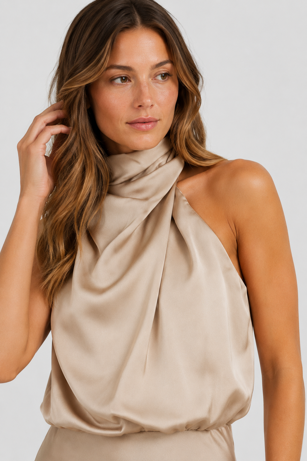 NOMU | Women's Satin Maxi Dress – Sleeveless High Neck Draped Design