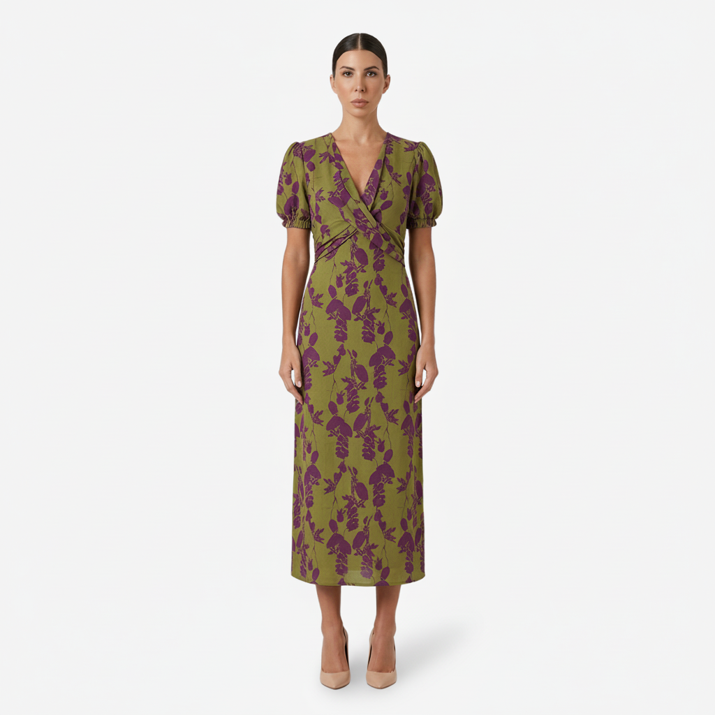 NOMU | Women's Floral Puff Sleeve Midi Dress – Elegant Wrap Waist Evening Dress