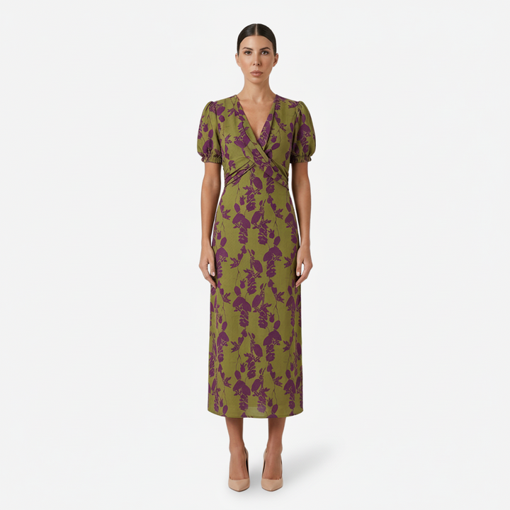 NOMU | Women's Floral Puff Sleeve Midi Dress – Elegant Wrap Waist Evening Dress