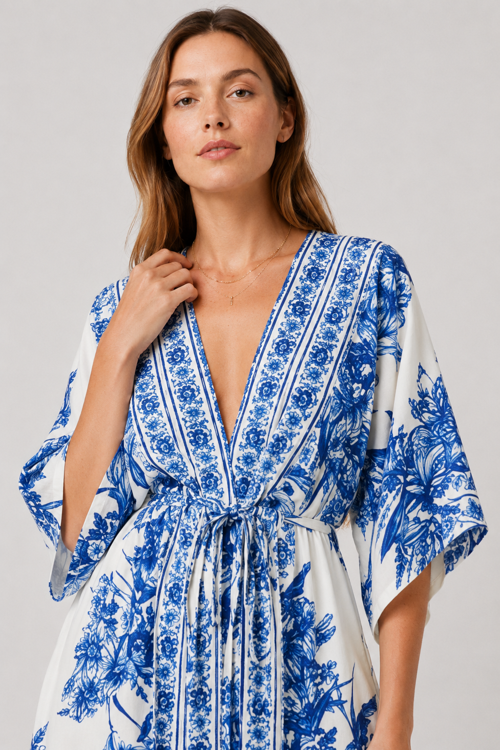NOMU | Women's Printed Maxi Dress – V Neck Kimono Sleeve Tie Waist Relaxed Design