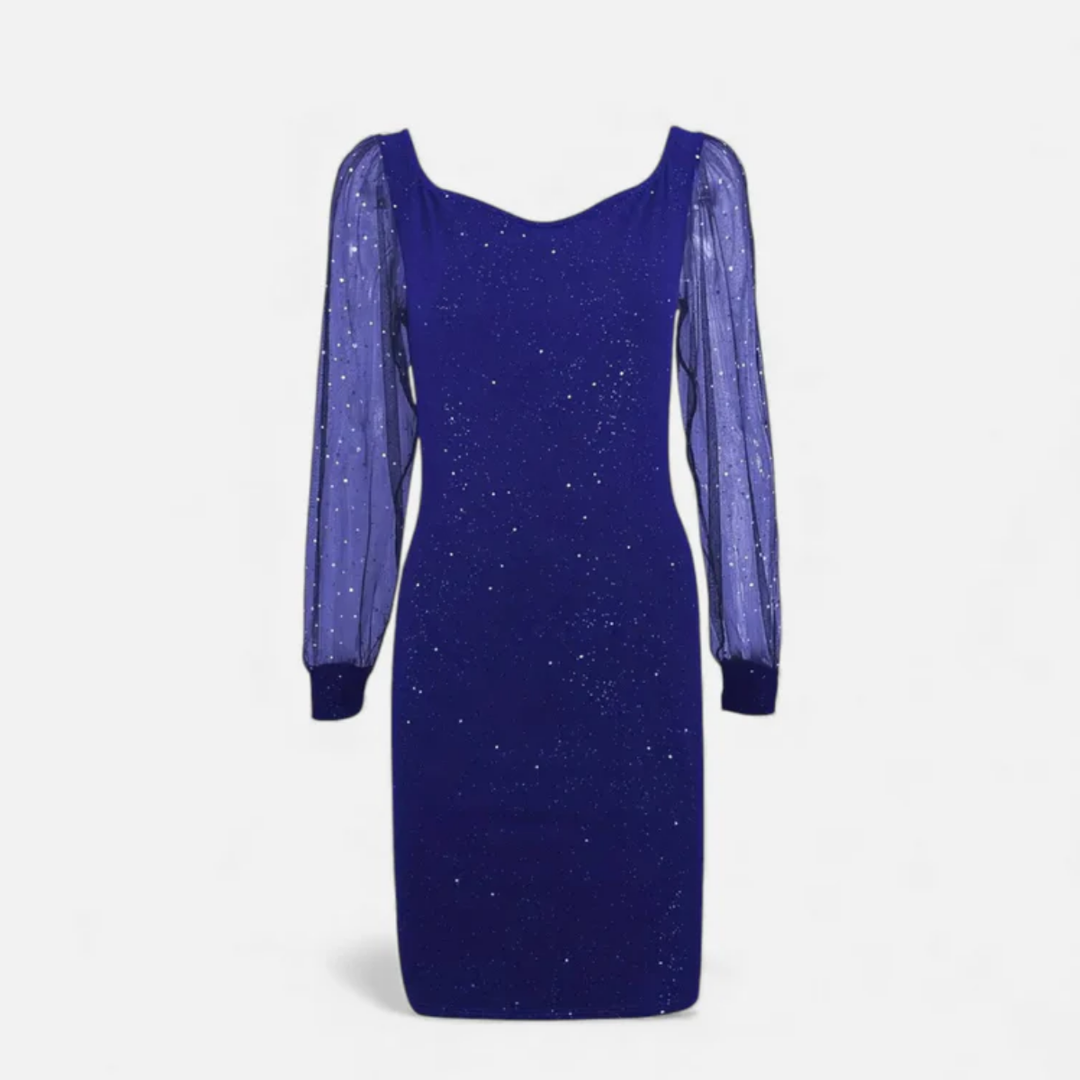 NOMU | Women's Glitter Mesh Sleeve Midi Dress – Elegant Sparkly Evening Party Dress