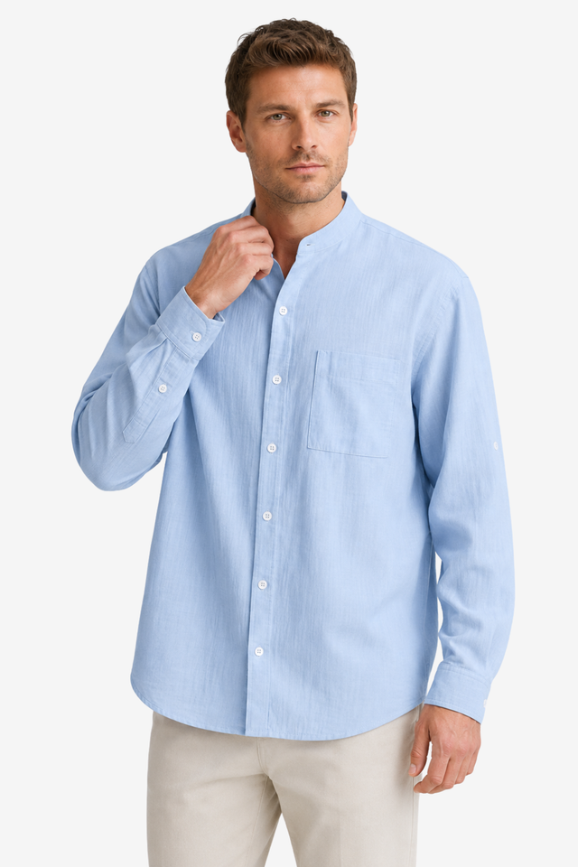 NOMU | Men's Cotton Linen Shirt – Long Sleeve Mandarin Collar Design