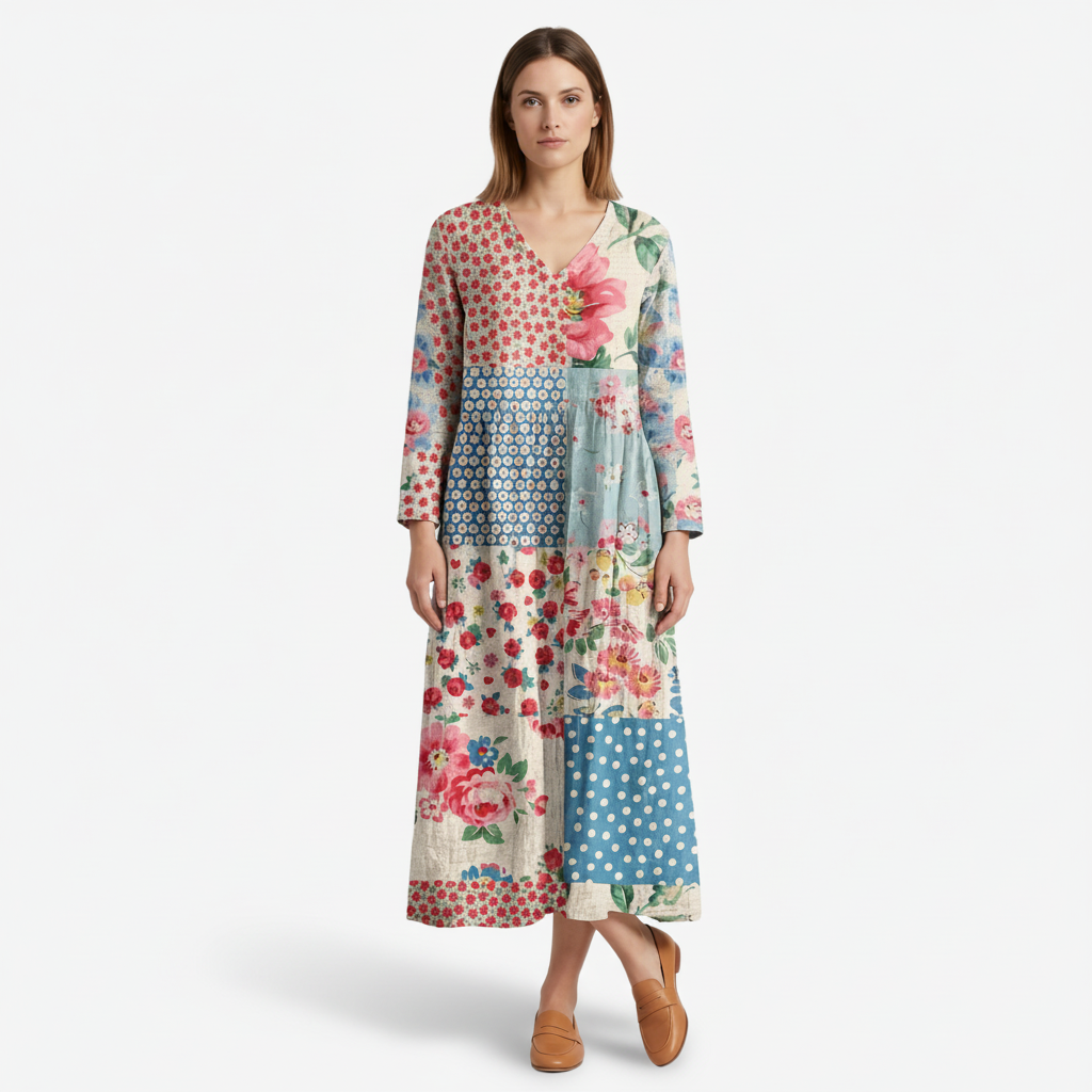 NOMU | Women's Patchwork Midi Dress – Long Sleeve V Neck Relaxed Fit Design