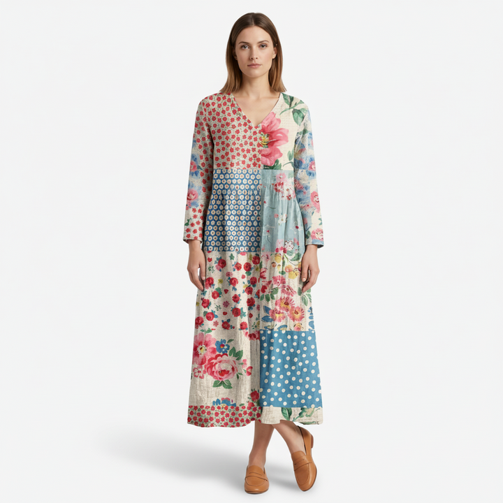 NOMU | Women's Patchwork Midi Dress – Long Sleeve V Neck Relaxed Fit Design