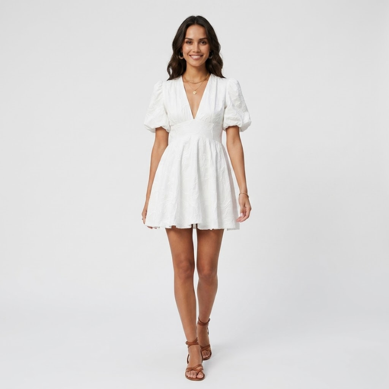 NOMU | Women's Mini Dress – V Neck Puff Sleeve A Line Design