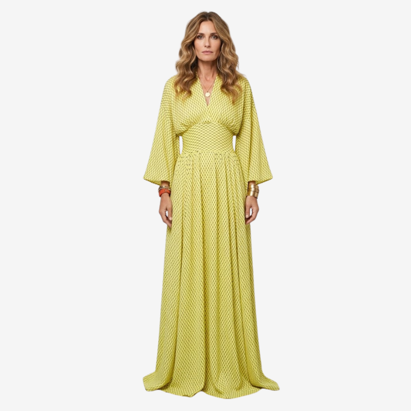 NOMU | Women's Printed Empire Waist Maxi Dress – Elegant Long Sleeve Boho Dress