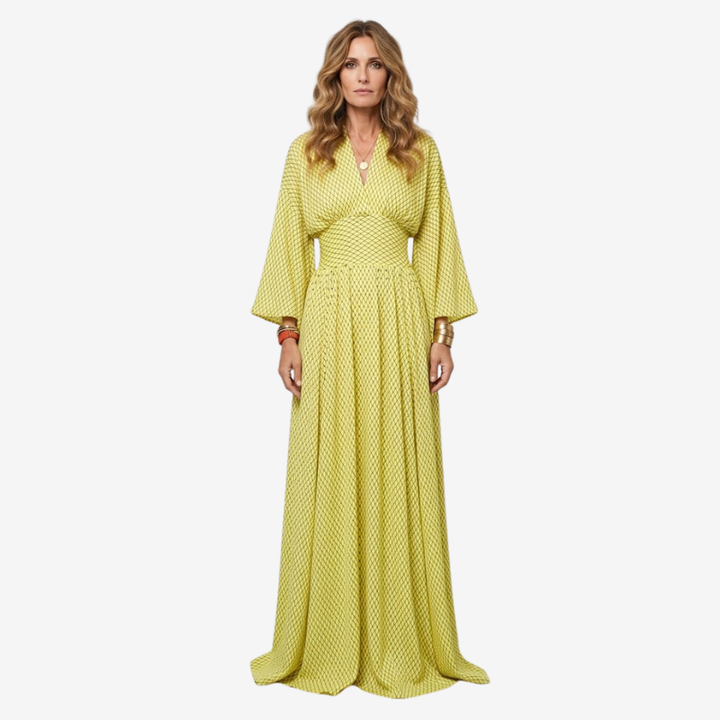 NOMU | Women's Printed Empire Waist Maxi Dress – Elegant Long Sleeve Boho Dress
