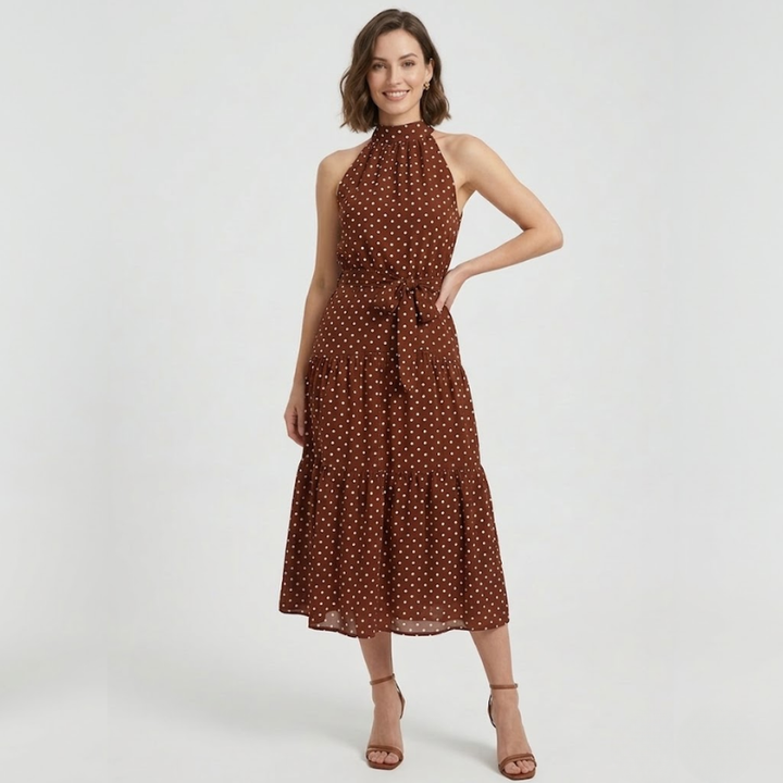 NOMU | Women's Polka Dot Halter Midi Dress – Elegant Sleeveless Tie Waist Dress
