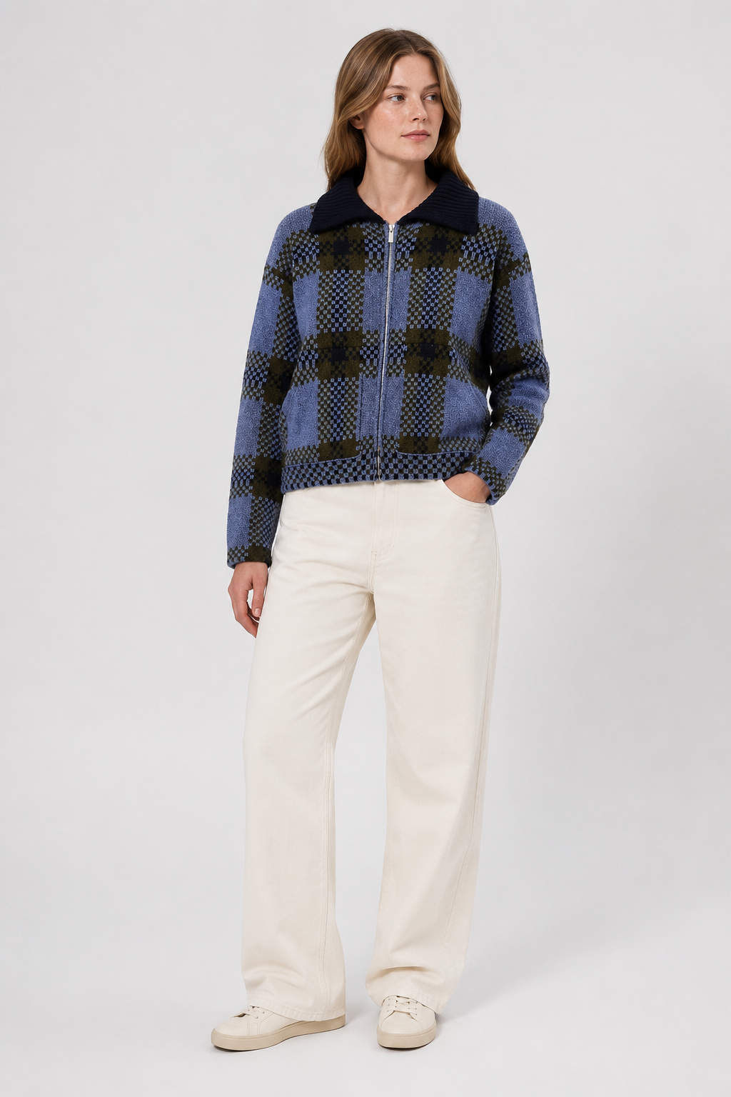 NOMU | Women's Plaid Knit Zip-Up Jacket – Soft Checkered Cardigan Coat
