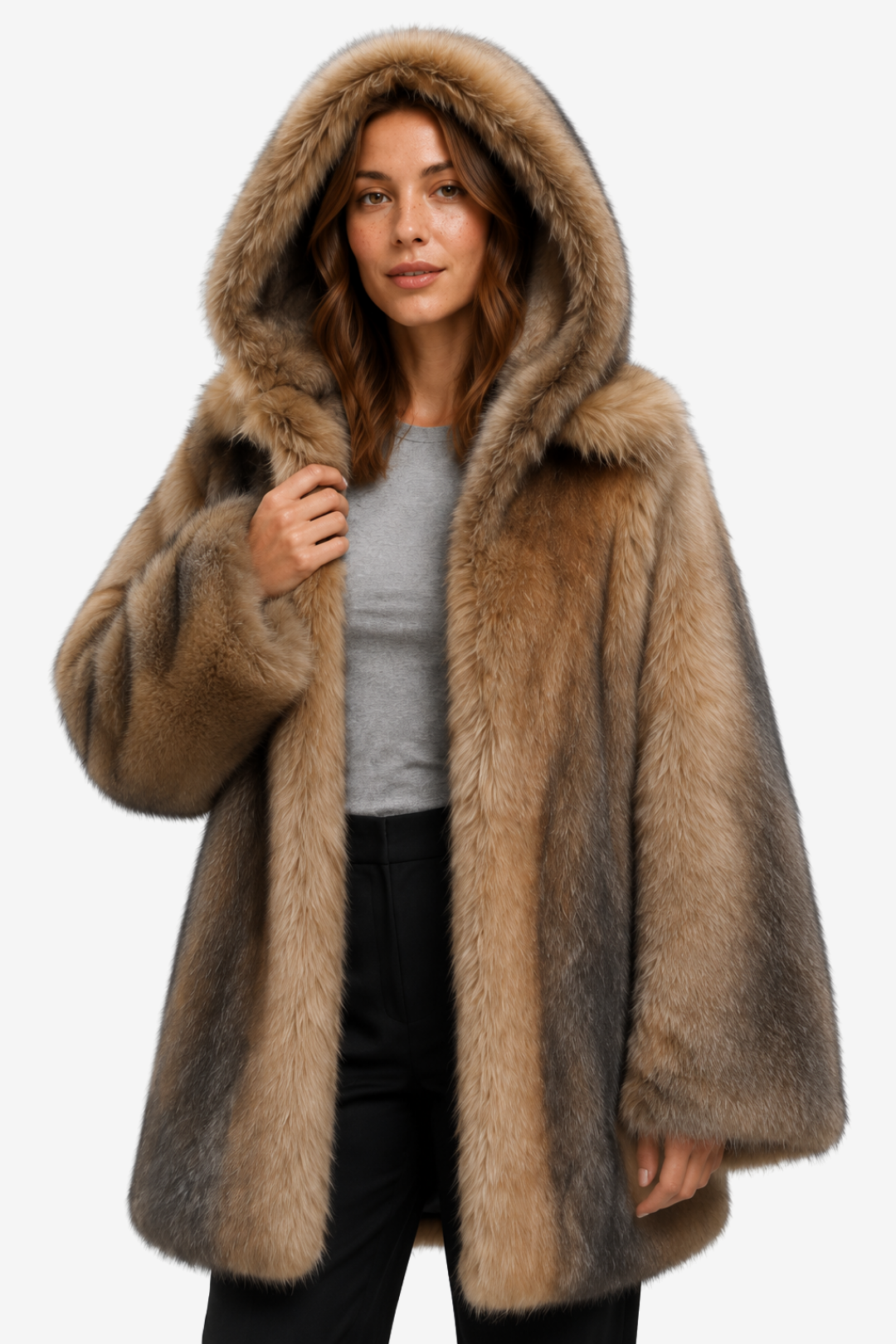 NOMU | Women's Long Hooded Coat – Faux Fur Finish with Single-Button Closure