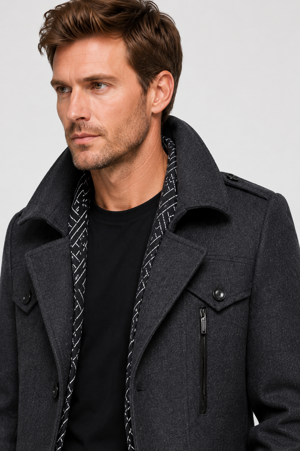 NOMU | Men's Wool Blend Military Overcoat – Tailored Button Front Coat