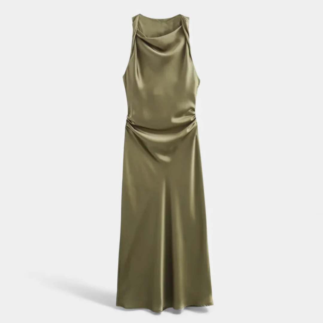 NOMU | Women's Satin Sleeveless Midi Dress – Elegant Draped Evening Slip Dress