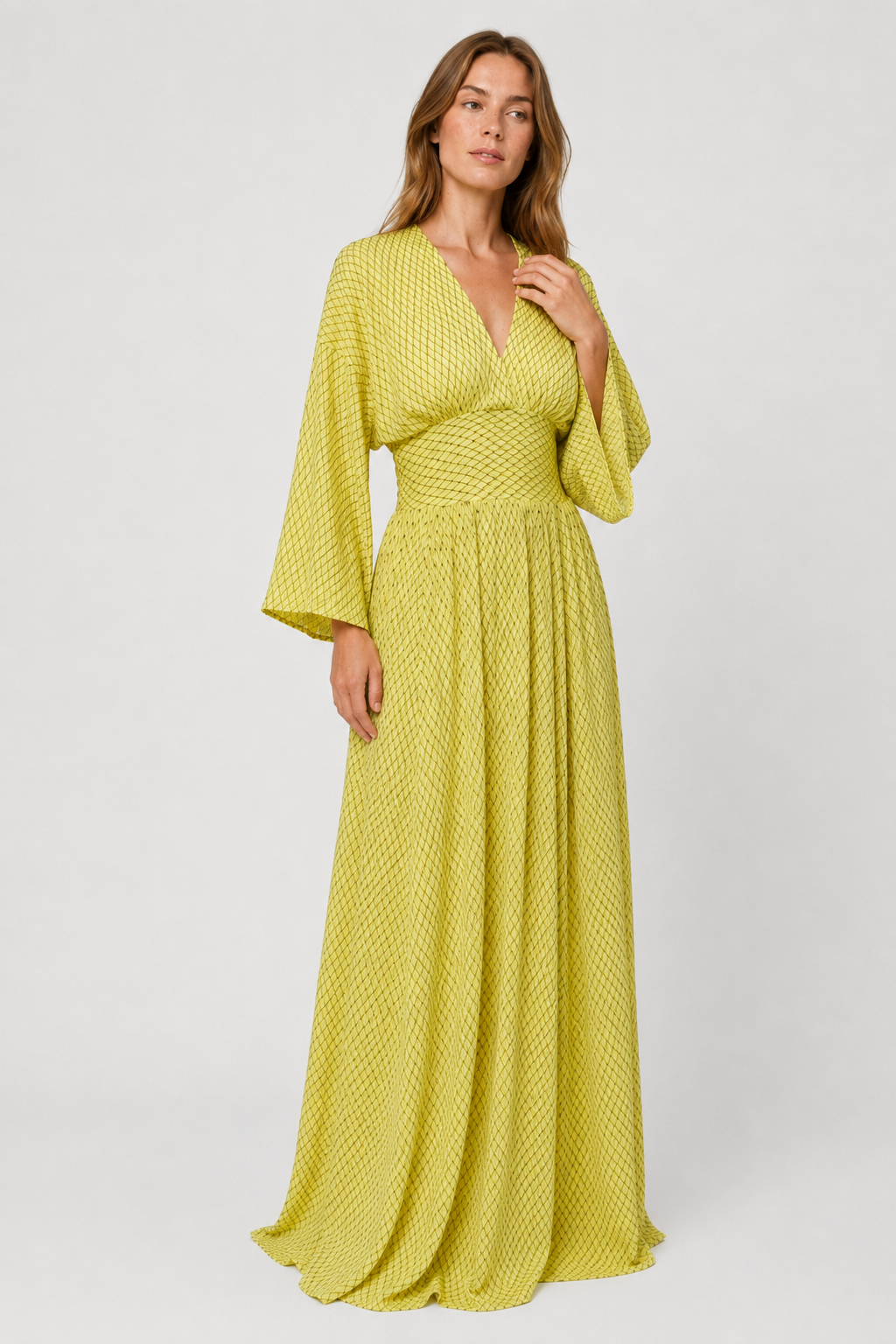 NOMU | Women's Printed Empire Waist Maxi Dress – Elegant Long Sleeve Boho Dress