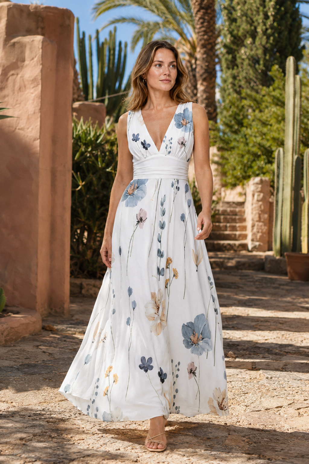NOMU | Women's Floral V-Neck Maxi Dress – Elegant Sleeveless Flowing Summer Dress