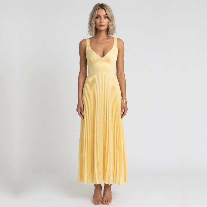 NOMU | Women's Pleated Maxi Dress – Sleeveless V Neck Flowy Design
