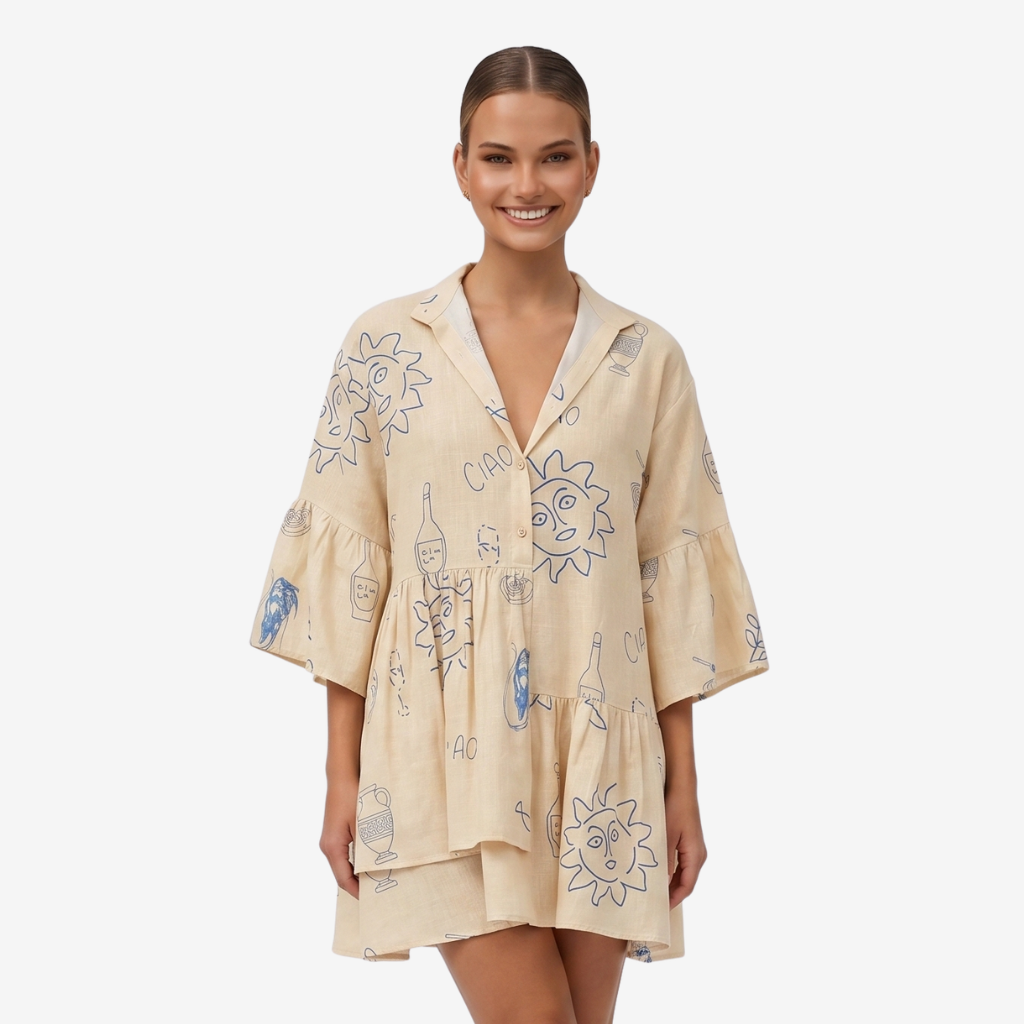 NOMU | Women's Printed Mini Dress – V Neck Button Front Tiered Loose Fit Design