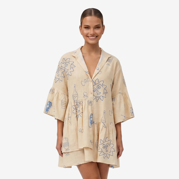 NOMU | Women's Printed Mini Dress – V Neck Button Front Tiered Loose Fit Design