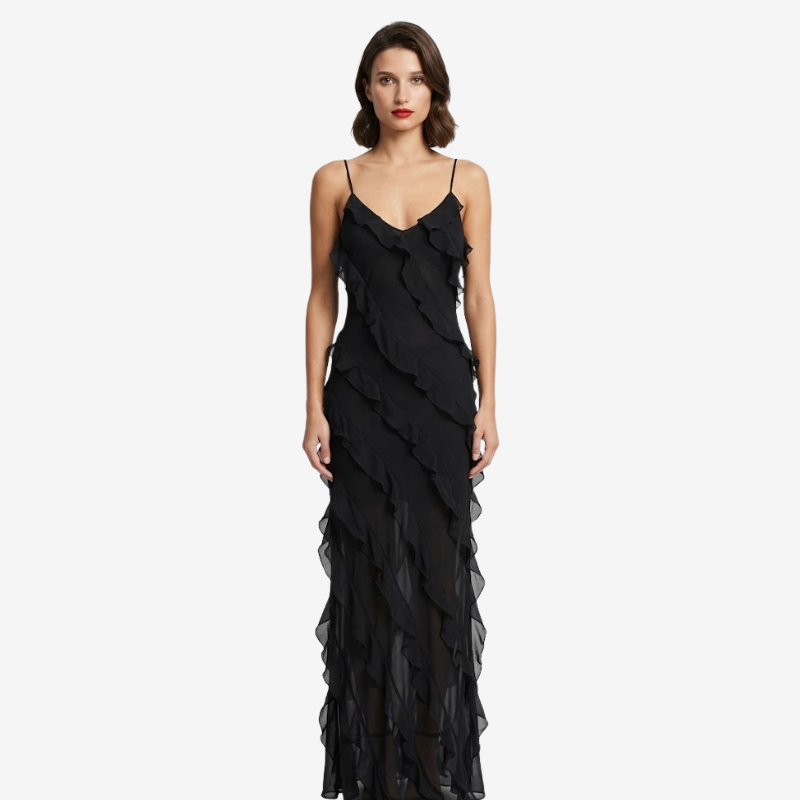 NOMU | Women's Sheer Ruffle Maxi Dress – Elegant Spaghetti Strap Evening Party Dress