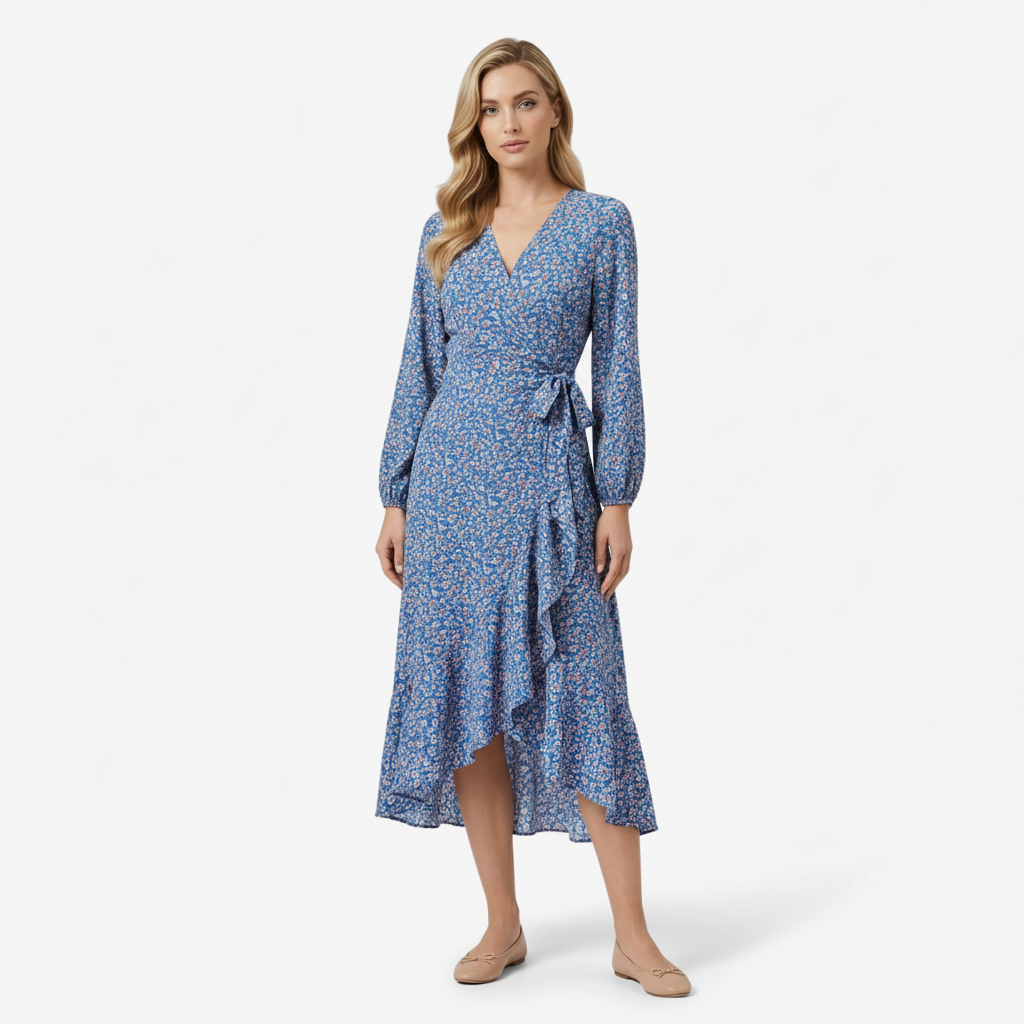 NOMU | Women's Floral Wrap Midi Dress – Long Sleeve Tie Waist Ruffle Hem Design
