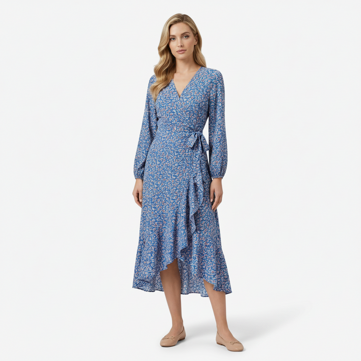 NOMU | Women's Floral Wrap Midi Dress – Long Sleeve Tie Waist Ruffle Hem Design