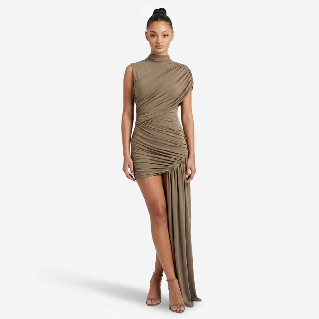 NOMU | Women's Asymmetrical Mini Dress – High Neck Sleeveless Draped Design