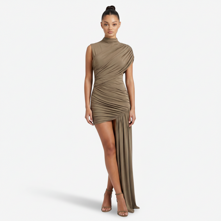 NOMU | Women's Asymmetrical Mini Dress – High Neck Sleeveless Draped Design