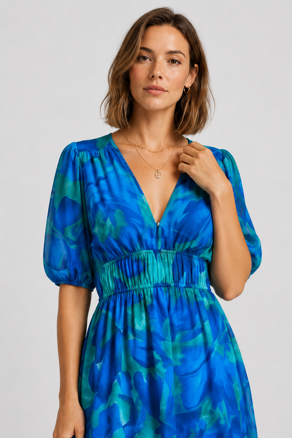 NOMU | Women's Floral V-Neck Midi Dress – Elegant Puff Sleeve Flowing Dress
