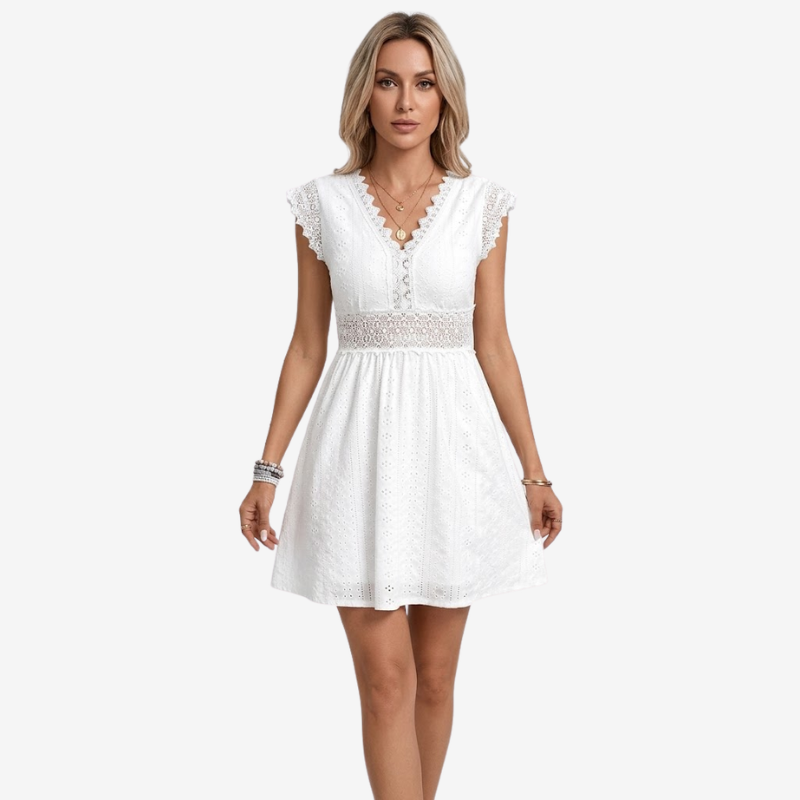 NOMU | Women's Lace Trim Eyelet Mini Dress – Elegant Sleeveless Summer Dress