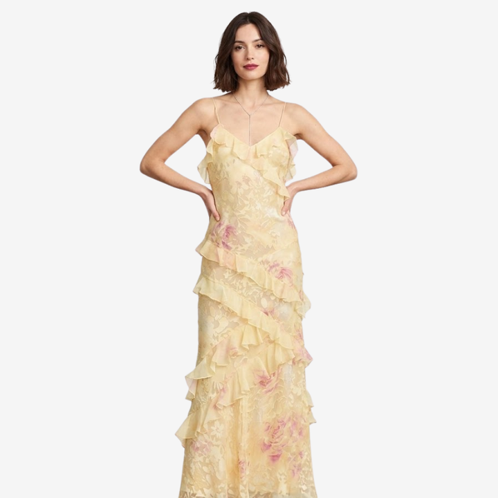 NOMU | Women's Floral Ruffle Maxi Dress – Elegant Sleeveless Layered Party Dress