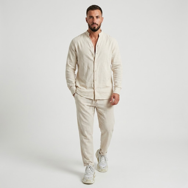 NOMU | Men's Mandarin Collar Linen Button-Down Set – Matching Pants & Drawstring Waist