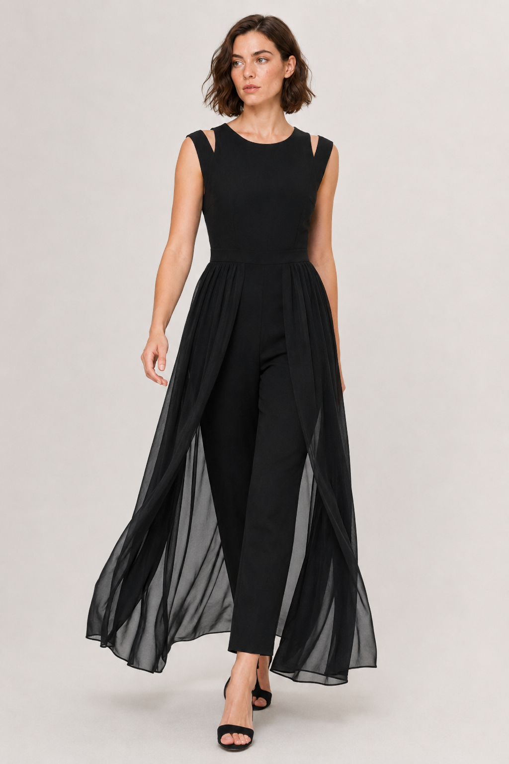 NOMU | Women's Sleeveless Wide Leg Jumpsuit – Elegant Sheer Overlay Evening Jumpsuit