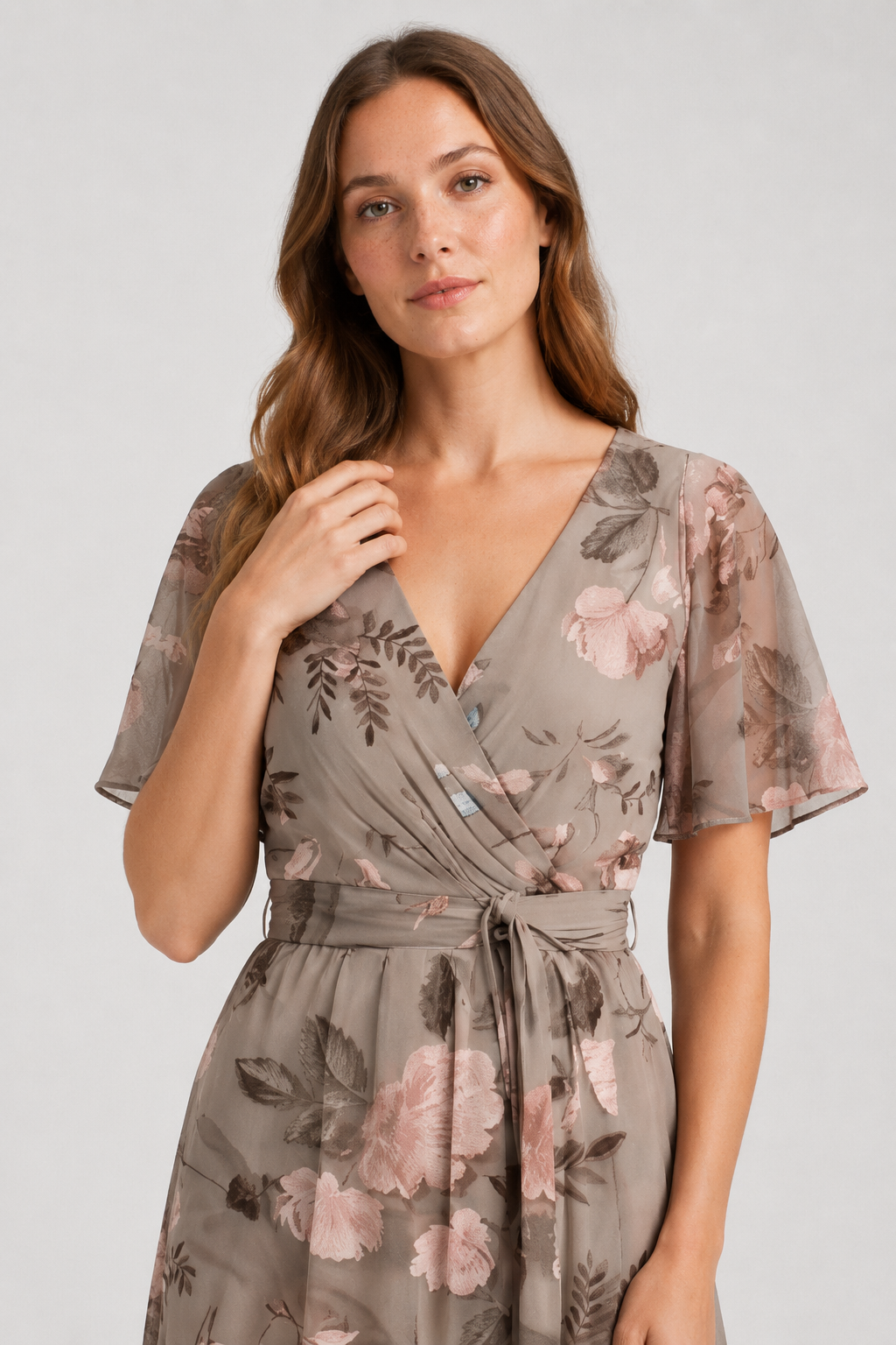 NOMU | Women's Floral Midi Dress – V Neck Flutter Sleeve Tie Waist Wrap Design