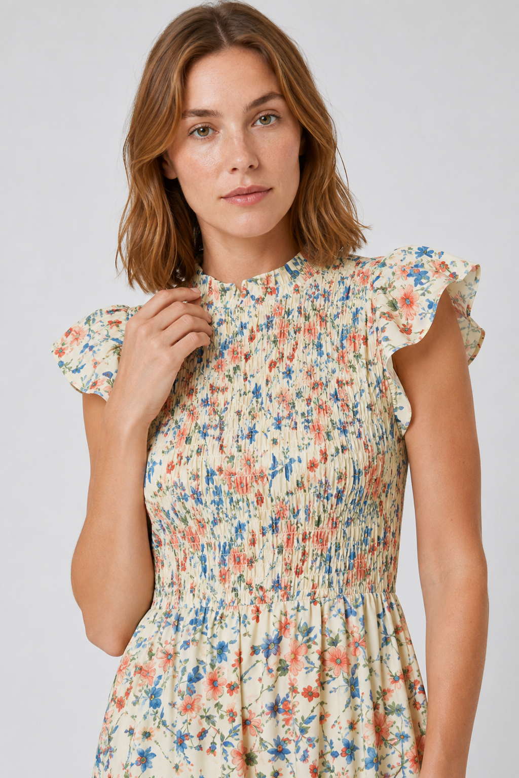 NOMU | Women's Floral Midi Dress – High Neck Flutter Sleeve Smocked Waist Design