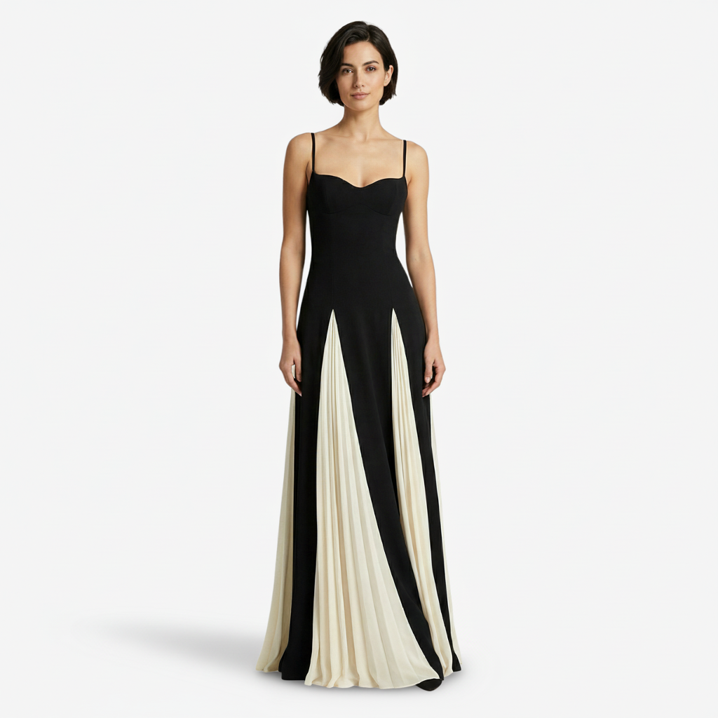 NOMU | Women's Pleated Panel Maxi Dress – Elegant Spaghetti Strap Evening Gown