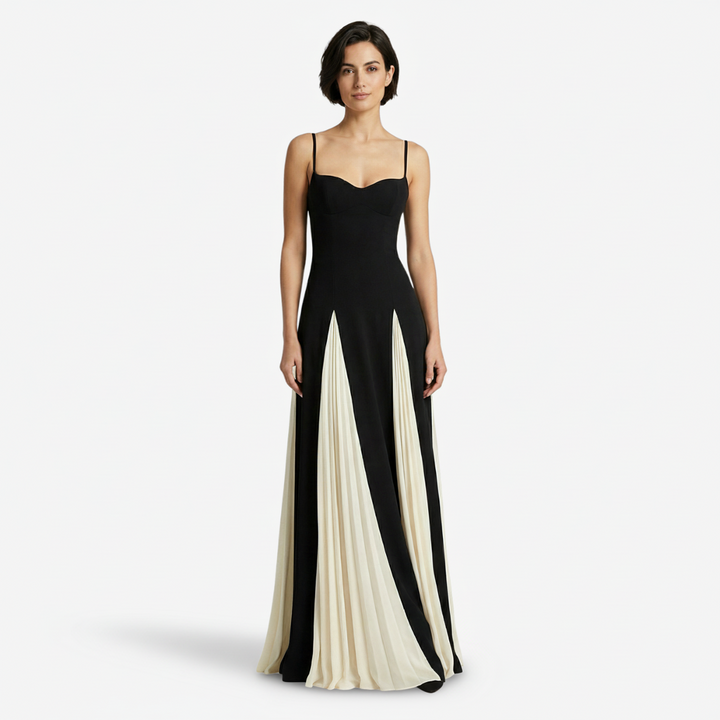 NOMU | Women's Pleated Panel Maxi Dress – Elegant Spaghetti Strap Evening Gown