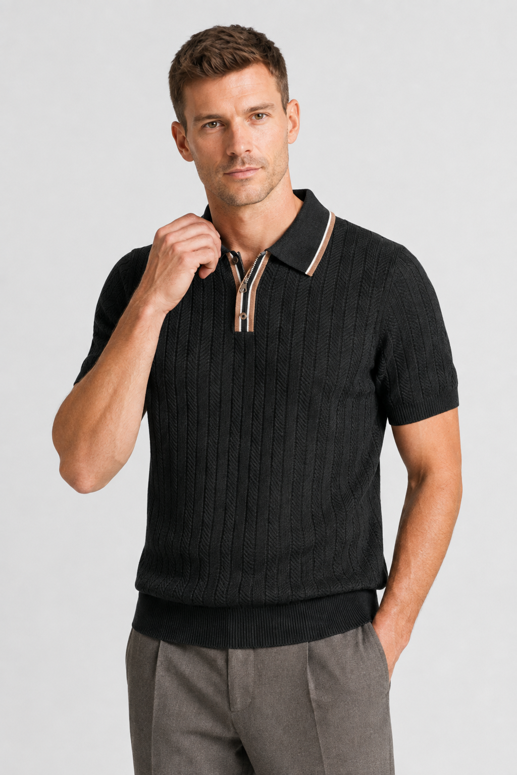NOMU | Men’s Contrast Trim Ribbed Knit Polo Shirt