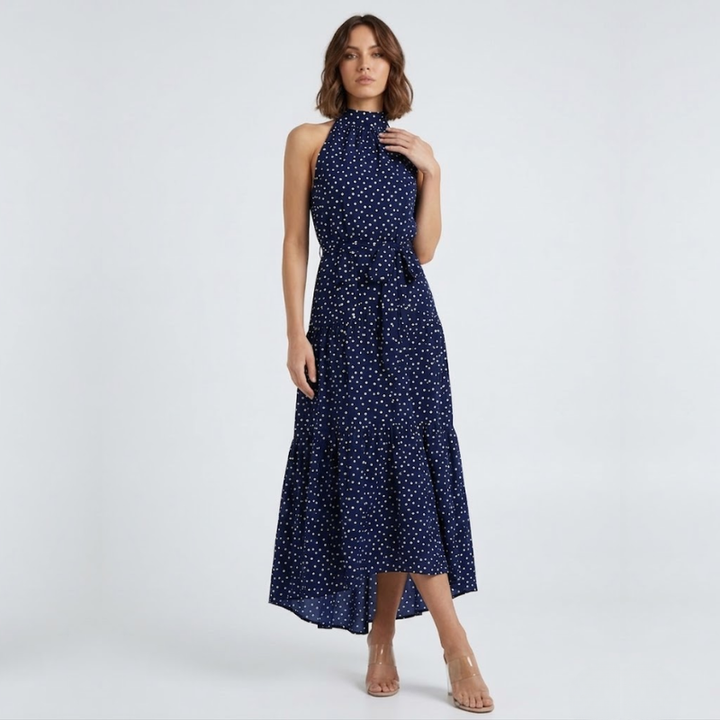 NOMU | Women's Polka Dot Halter Maxi Dress – Elegant Sleeveless Tie Waist Dress