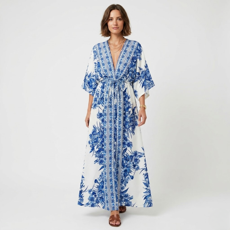 NOMU | Women's Printed Maxi Dress – V Neck Kimono Sleeve Tie Waist Relaxed Design