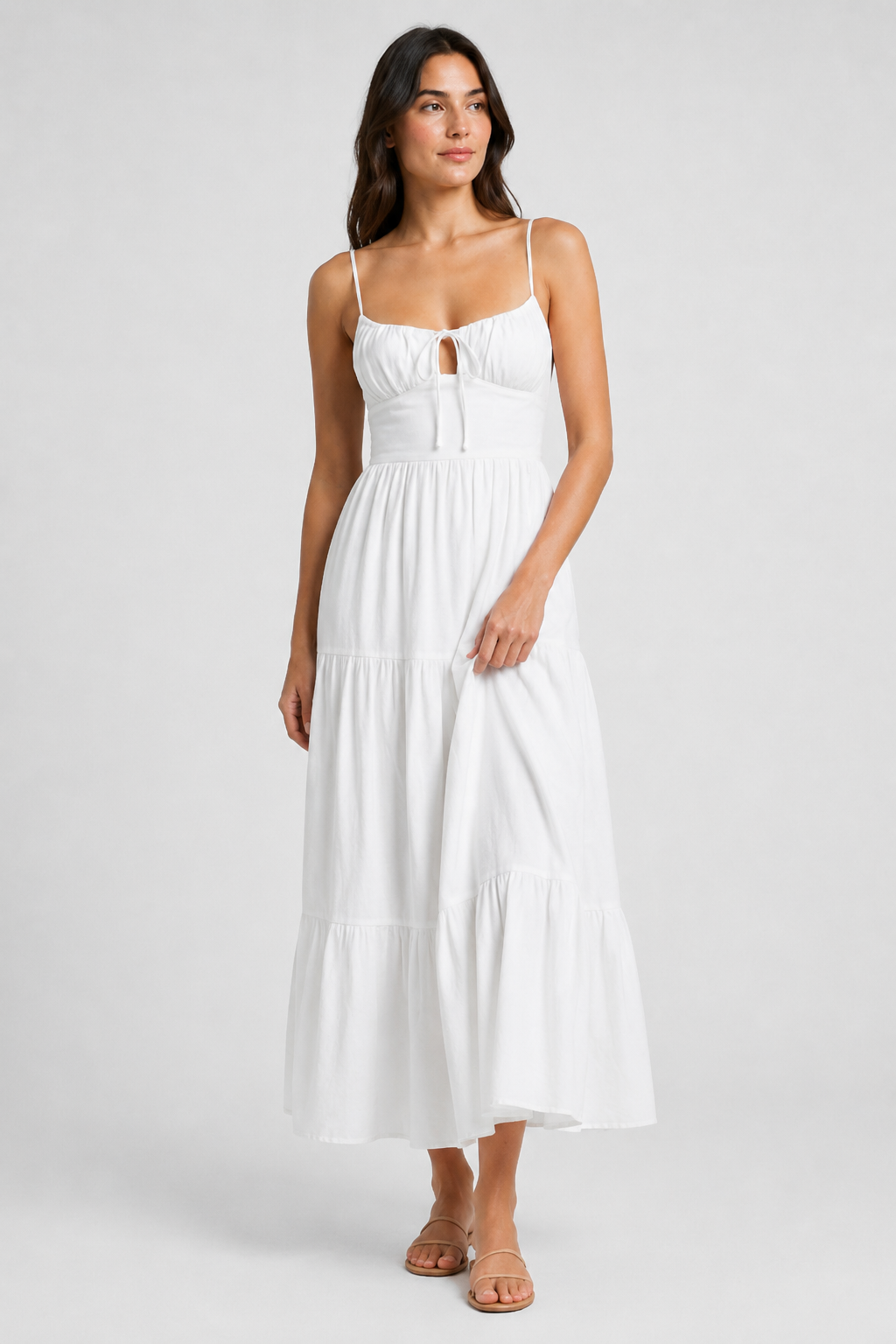 NOMU | Women's Tiered Midi Dress – Spaghetti Strap Tie Front Relaxed Fit Design