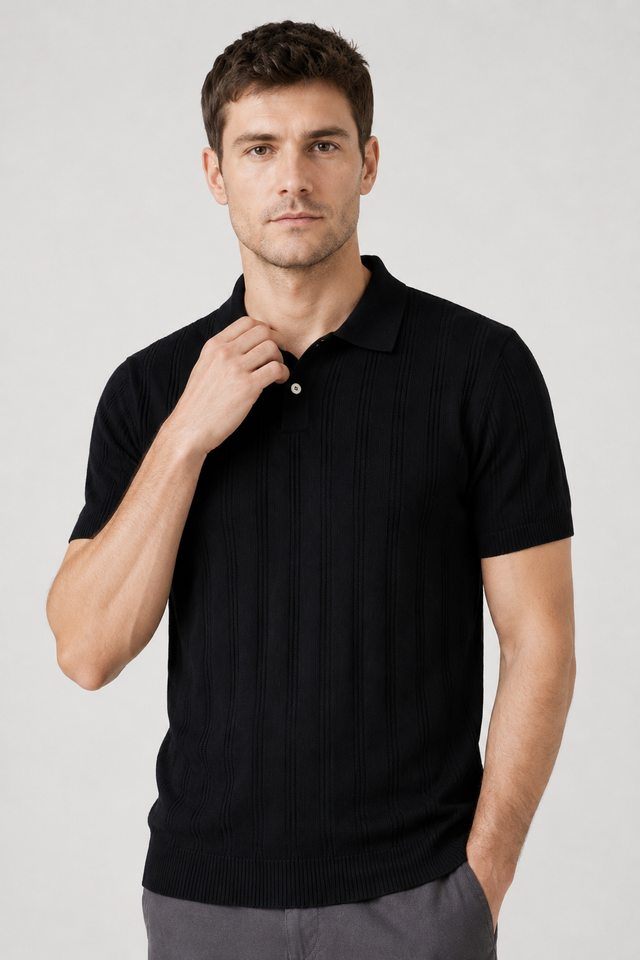 NOMU | Men's Textured Knit Polo Shirt – Slim Fit Smart Casual Short Sleeve Top