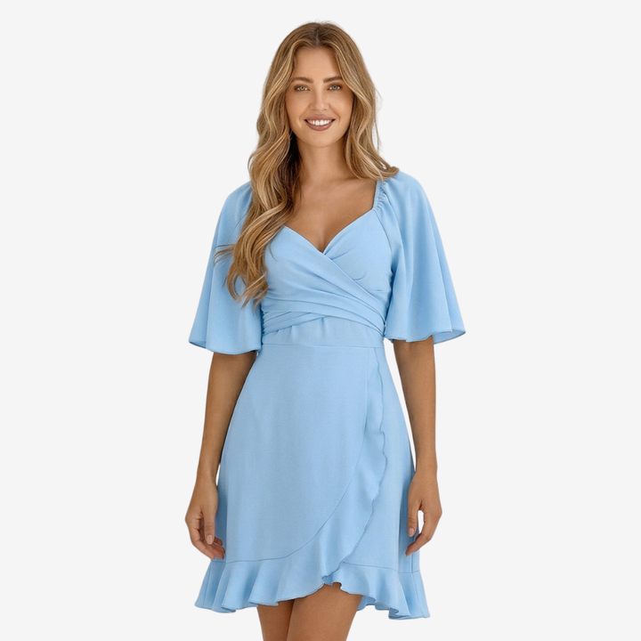 NOMU | Women's Sweetheart Neck Wrap Dress – Elegant Flutter Sleeve Mini Dress