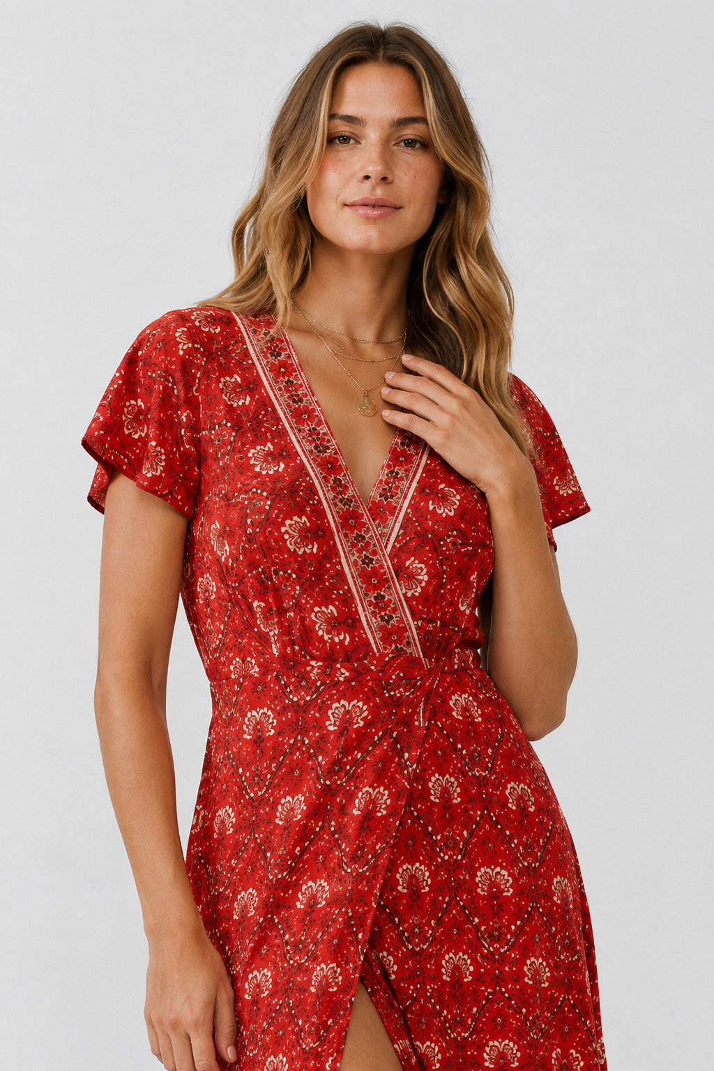 NOMU | Women's Printed Midi Dress – V Neck Short Sleeve Wrap Style Side Slit Design
