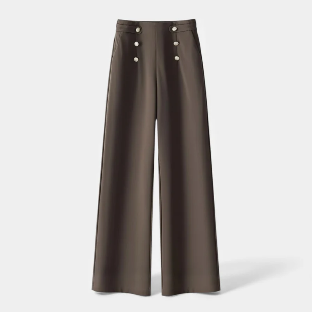 NOMU | Women's High-Waisted Wide Leg Trousers – Elegant Button Detail Palazzo Pants